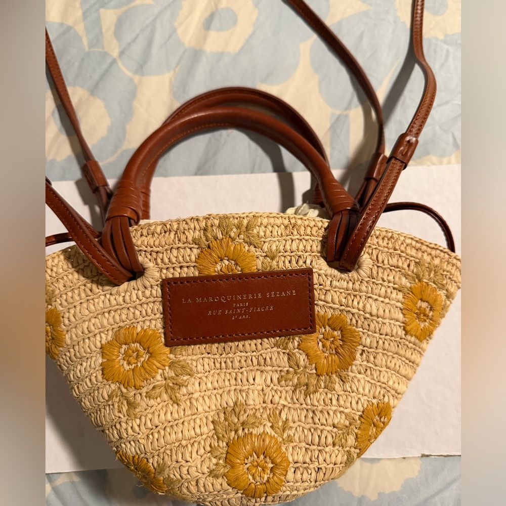 Sézane Justine Mini Basket embroidered Flowers Tan and Yellow straw bag perfect